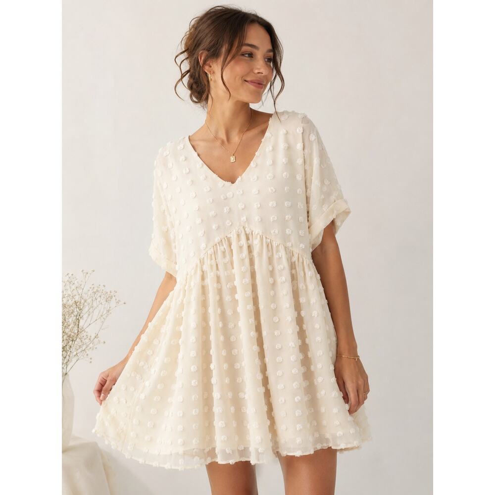 Kirundo Swiss Dot Short Sleeve Babydoll Dress V-Neck Flowy Mini Chiffon NWT